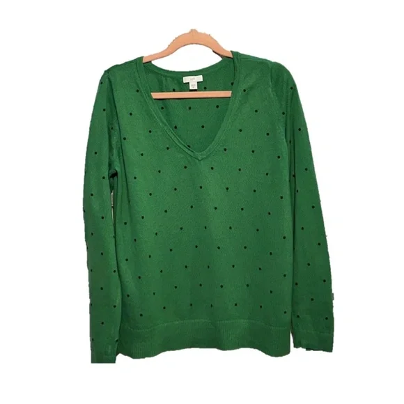 J.Jill Sweater Women’s Size XS Kelley Green Black Polka Dots V-Neck Cotton Blend - Picture 3 of 12
